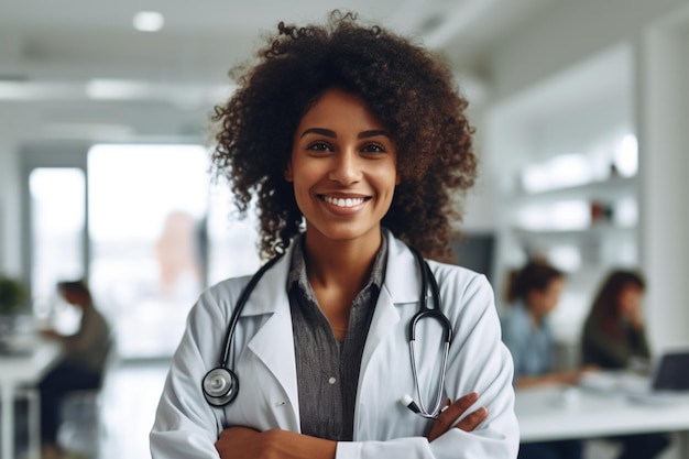 smiling black woman doctor with stethoscope with his arm crossed