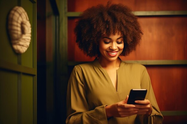 Photo smiling black woman engaging in online communication