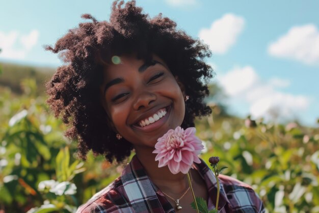 Smiling black Woman Holding Pink Dahlia in Sunlit Field