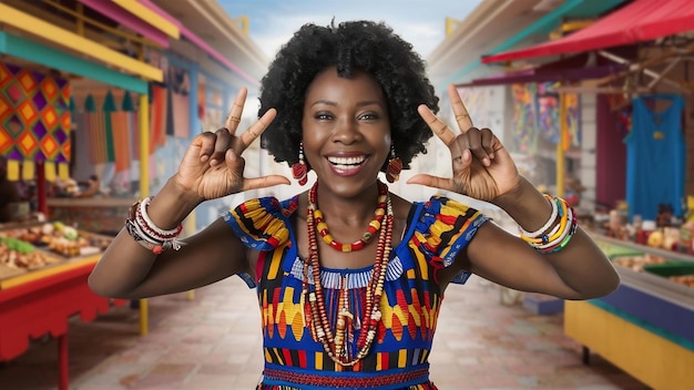 Smiling black woman making frame gesture