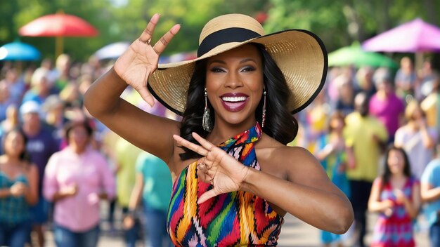 Smiling black woman making frame gesture