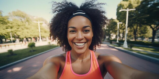Photo smiling black woman in sport clothes and head band takes selfie by two hands in the park
