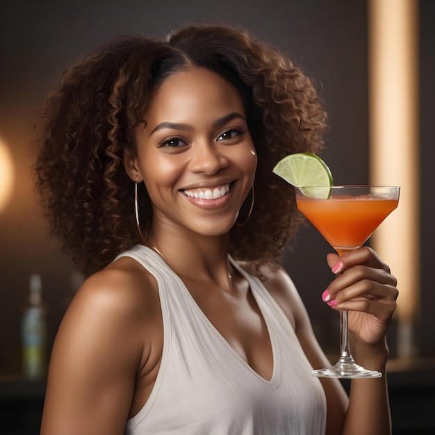 Smiling black woman standing sipping a cocktail glass