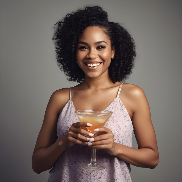 Smiling black woman standing sipping a cocktail glass