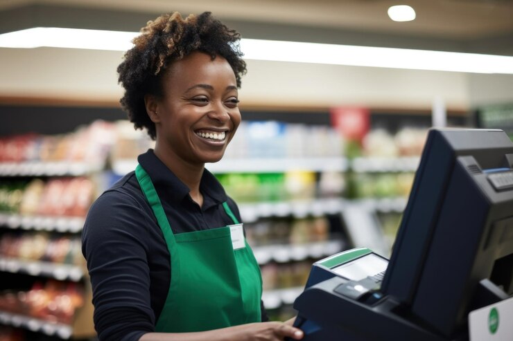 Photo smiling black woman supermarket customer checkout