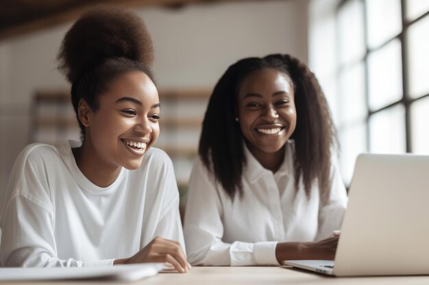 Smiling black woman using laptop