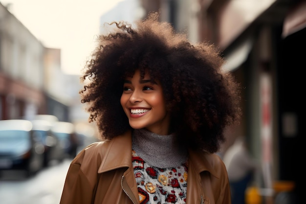 Foto donna nera sorridente con capelli afro sullo sfondo urbano fotografia di ritratto concettuale stile di capelli afro sfondo urbano espressione sorridente donna nera