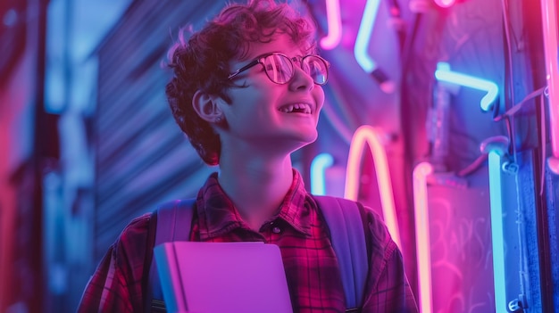 Smiling Black Woman With Digital Tablet In Hands Standing In Neon Light Over Purple Background