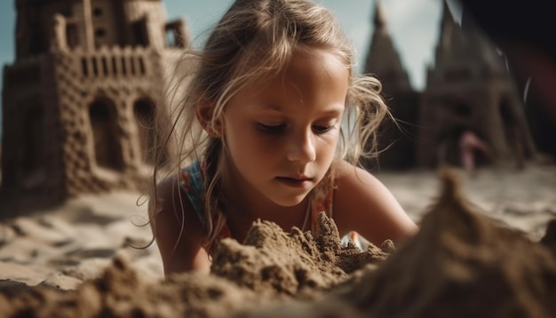 Smiling blond girl playing in the sand generated by AI