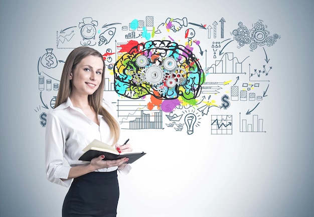 Smiling blonde businesswoman in a suit with a planner. A concrete wall background with a cog brain sketch on it.