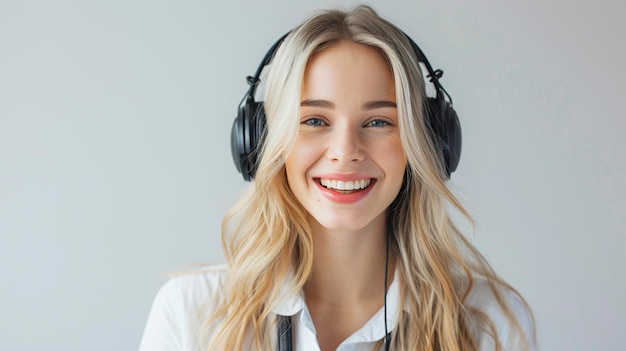 Smiling blonde girl with headset and and headphones on white background