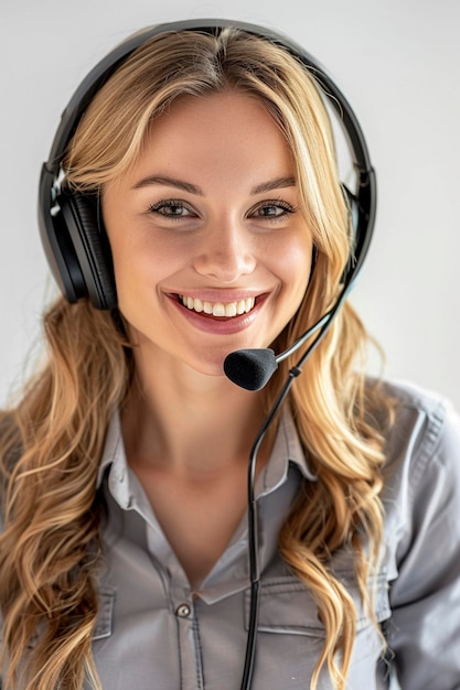 Smiling blonde girl with headset and and headphones on white background