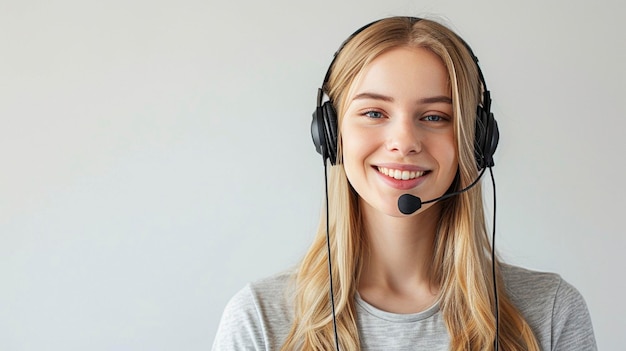 Smiling blonde girl with headset and and headphones on white background
