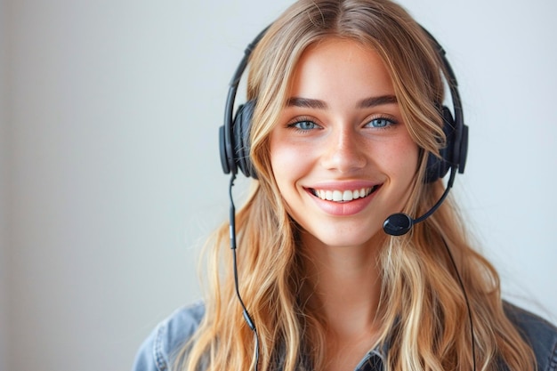 Smiling blonde girl with headset and and headphones on white background