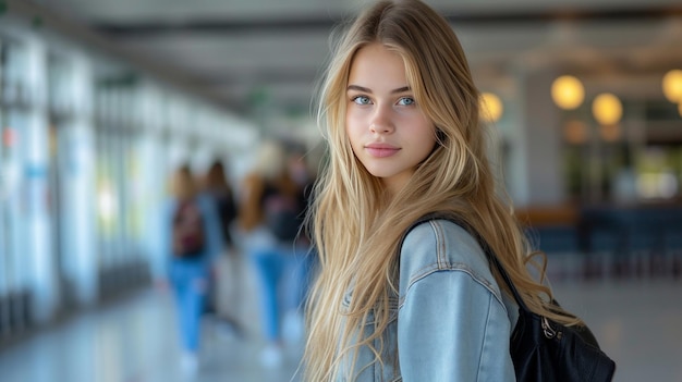 Smiling Blonde Teenage Girl in Casual Style on Campus