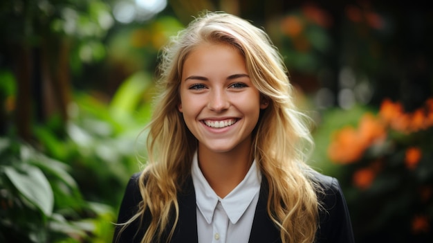 Smiling blonde woman amidst lush greenery