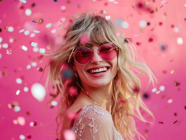 Foto donna bionda sorridente con occhiali da sole su sfondo rosa