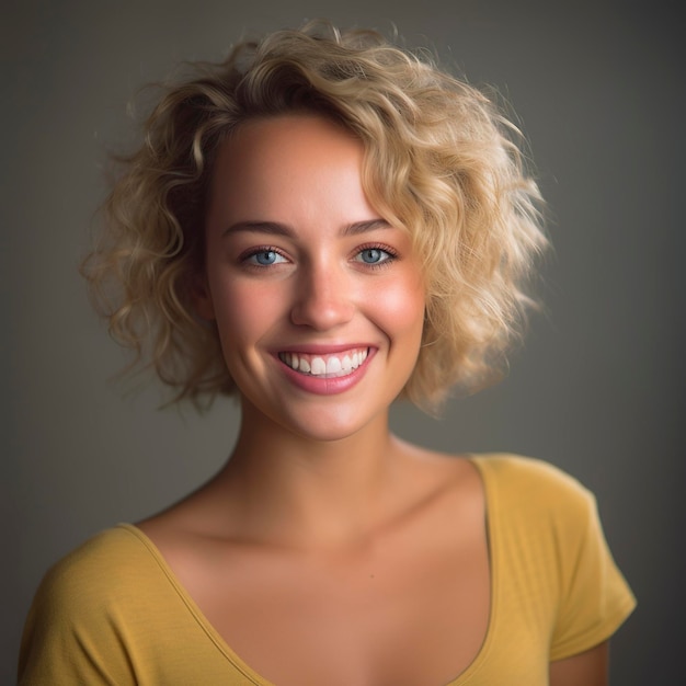 Smiling blondhaired woman poses calm and natural Ai generated