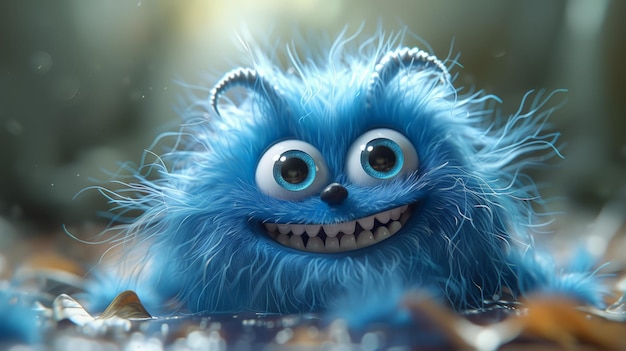 Smiling Blue Furry Creature With Big Eyes