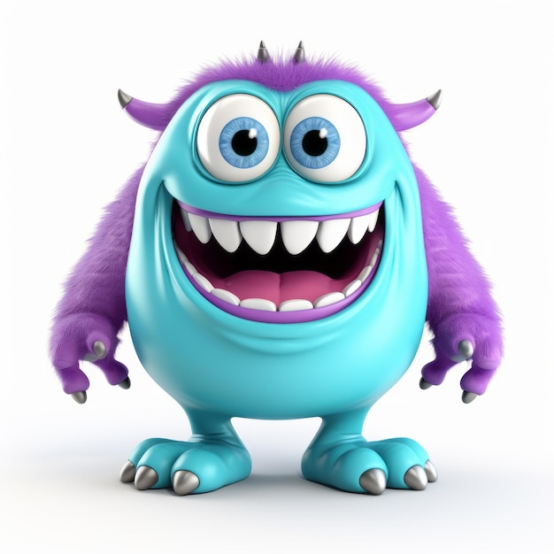 Foto il mostro blu e viola sorridente in stile caricatura 3d
