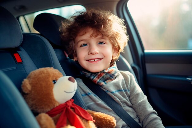 Ragazzo sorridente nel seggiolino dell'auto allacciato al seggiolino del bambino con un orsacchiotto