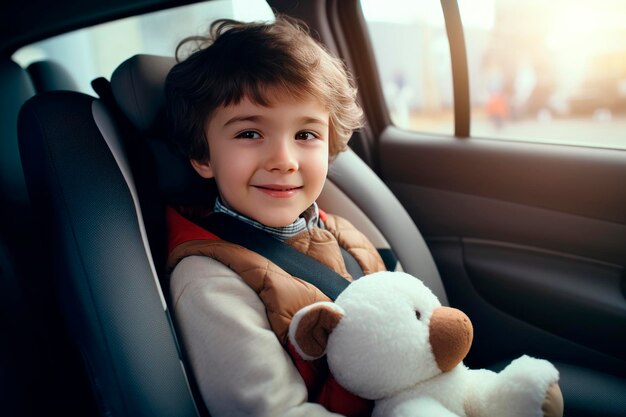 Ragazzo sorridente nel seggiolino dell'auto allacciato al seggiolino del bambino con un orsacchiotto