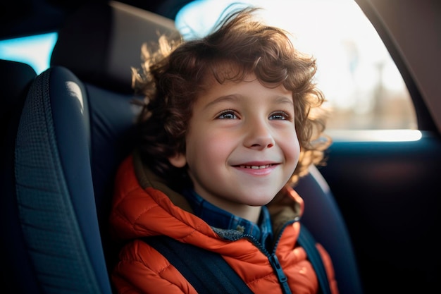 자동차 좌석 에 웃는 소년 이 어린이 좌석 에서  을 고 있다