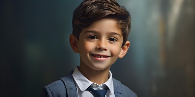 Smiling boy in classroom with notebooks and desks