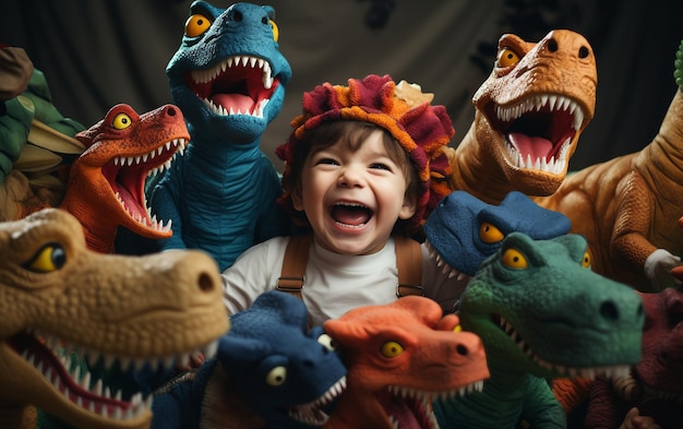 Foto ragazzo sorridente vestito da dinosauro