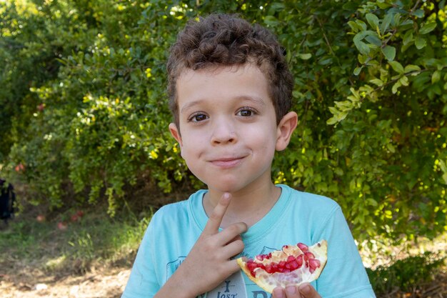 Smiling Boy Discovering a Pomegranate in the Field