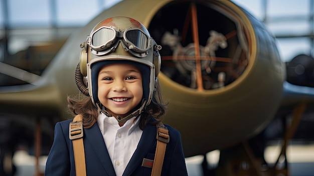 パイロット39のユニフォームを着た笑顔の少年が航空機の隣に立っています