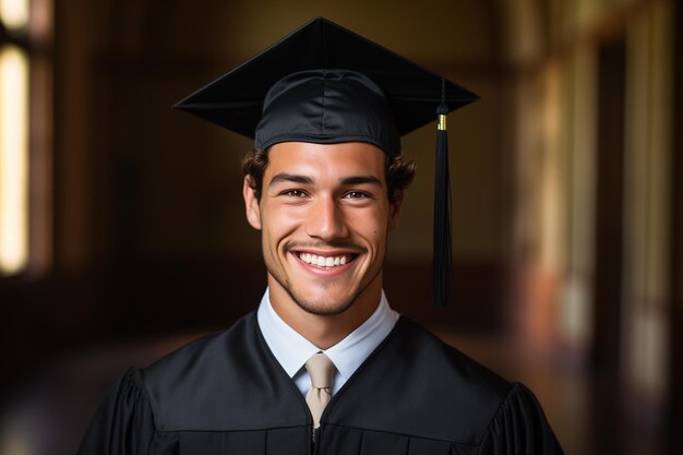 Foto un ragazzo sorridente vestito con il suo abito nero da laurea