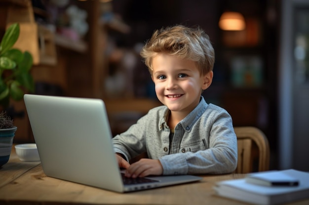 Smiling boy in eyeglasses sitting at table with laptop in course