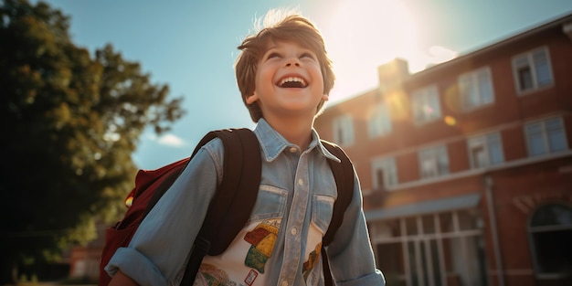 笑顔の少年が嬉しそうに学校へ歩いていく 両手を広げて喜んでいる 新しい日 新しい知識 新しい友達が待っている AI 生成 AI