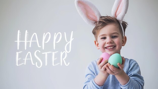 Foto un ragazzo sorridente tiene un uovo di pasqua