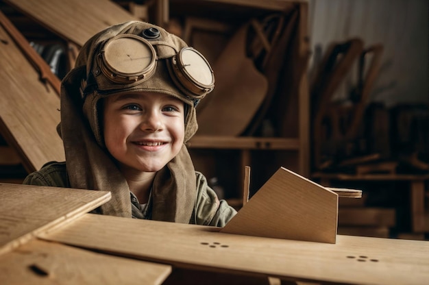 写真 テーブルに座ってカメラを見ている飛行士のヘルメットとゴーグルをかぶった笑顔の少年