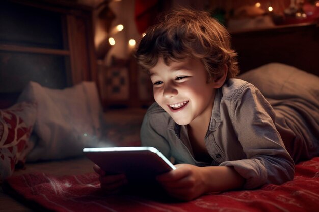 Smiling boy lying on floor and playing games on tablet