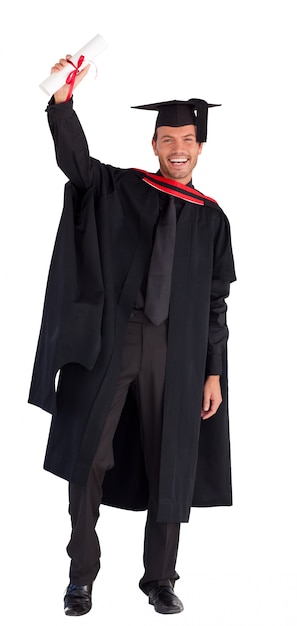 Photo smiling boy showing his diploma to the camera