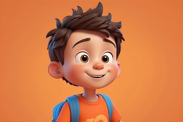 オレンジ色の背景のベクトルイラストでアイデアを持つ笑顔の男の子の学生キャラクター