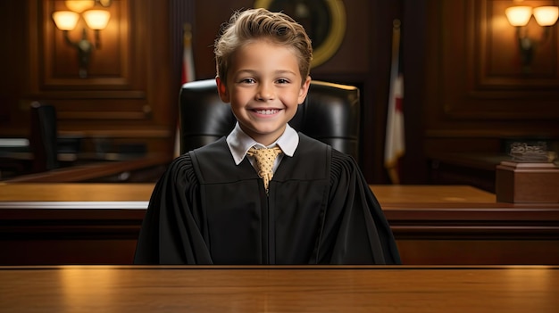 Smiling boy wearing chief judge39s clothes