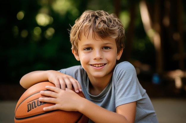 写真 野外でバスケットボールをしている笑顔の少年