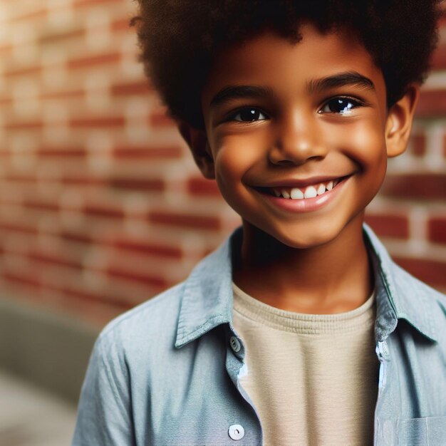 Foto un ragazzo sorridente con una camicia blu che dice felice