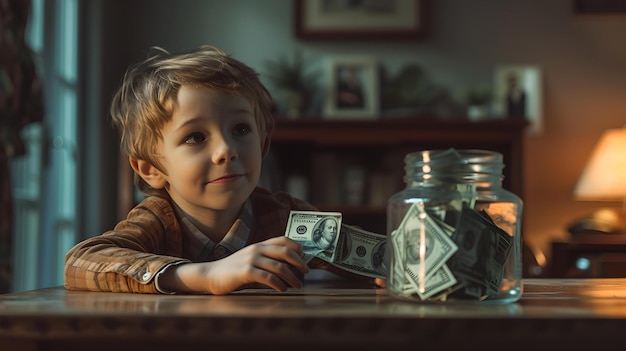 Smiling boy with savings jar at home teaching kids about money management candid childhood moments captured in warm light AI