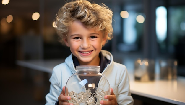 Smiling boys holding jar looking at camera cheerful childhood happiness generated by AI