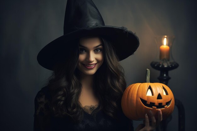 Smiling british woman in witch hat holding pumpkin dark background