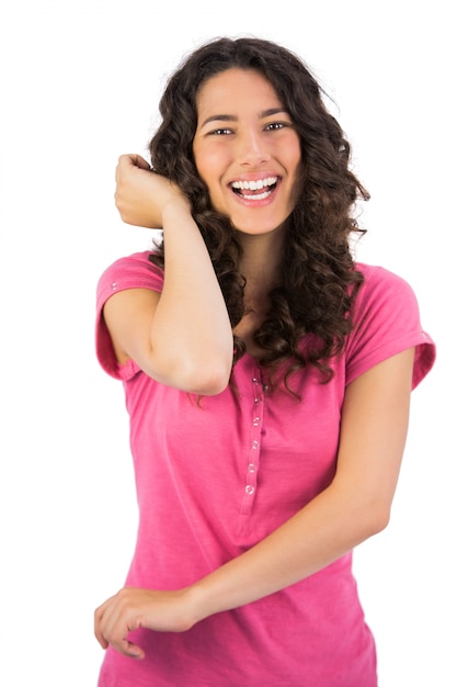 Photo smiling brown haired woman gesturing