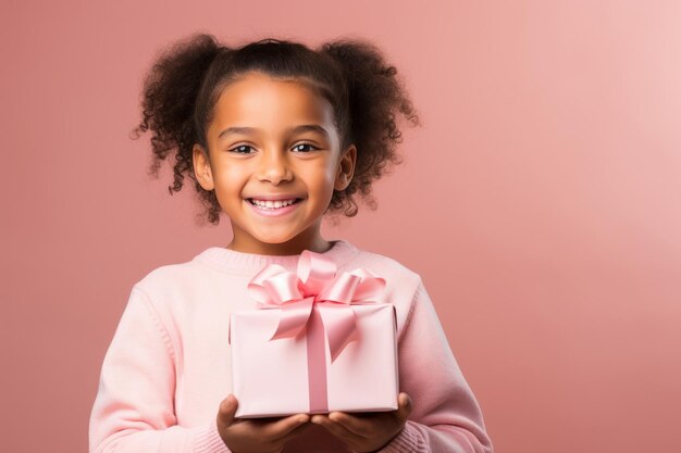 Smiling brunette child girl holding gift on pink background close up