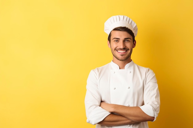 Улыбающийся брюнет мужской шеф-повар на твердом желтом фоне