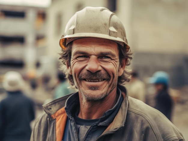 Smiling builder in hard hat at a construction site