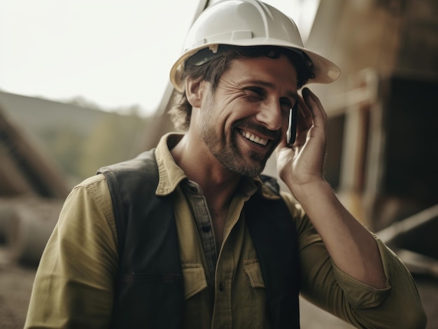 Smiling builder in hard hat at a construction site